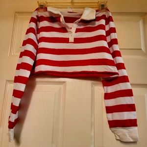 SHEIN Girls Red/White Striped Half-Button Cropped Pullover Size 10Y